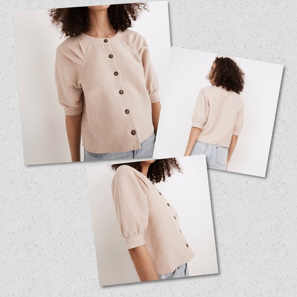 MADEWELL Cream Ottoman Jacquard Pleat-Sleeve Button-Front Top Sz Medium - Picture 1 of 11